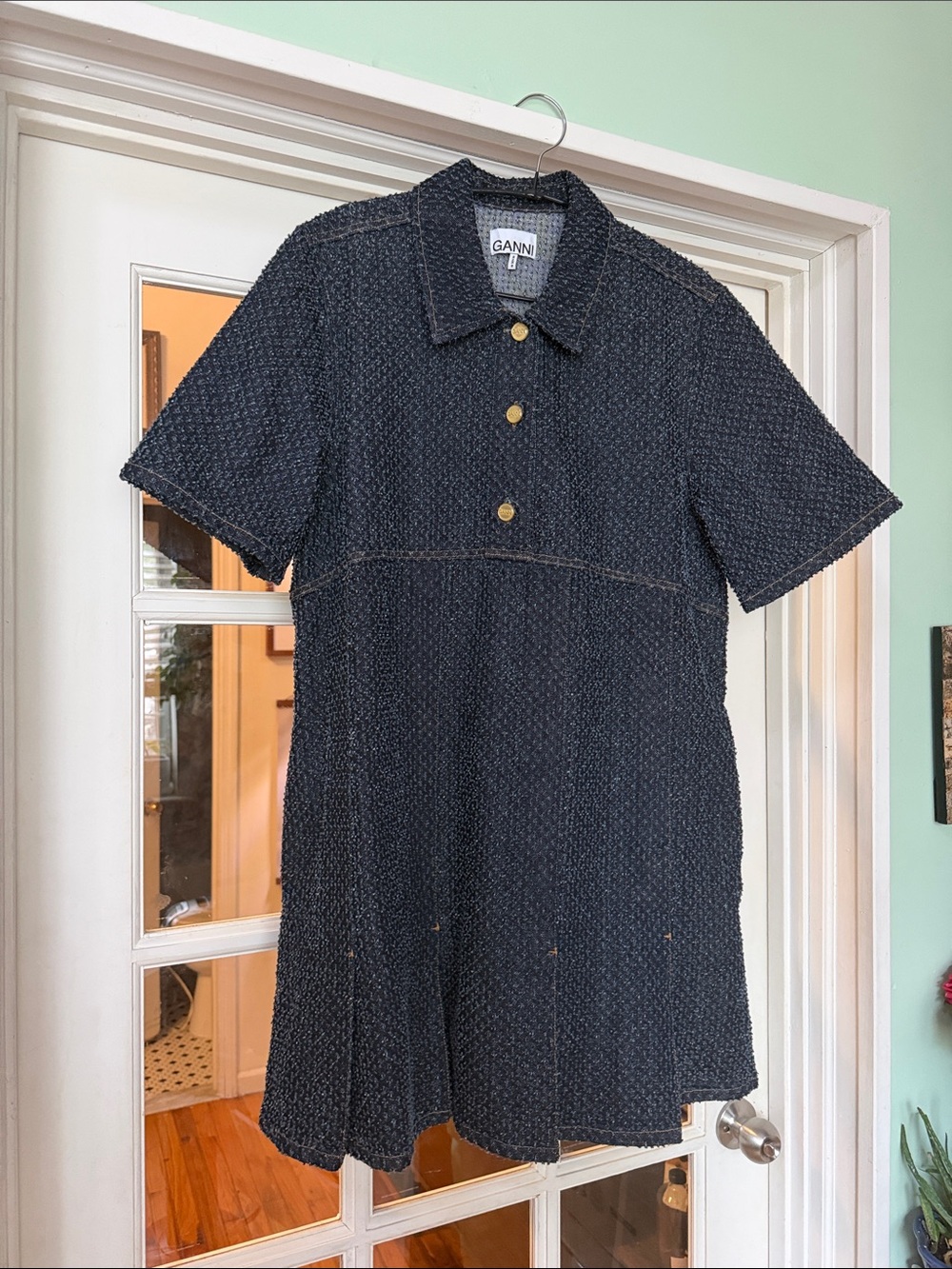 Ganni “Fluffy” Denim Navy Textured Tweed Short-Sleeve Polo Dress